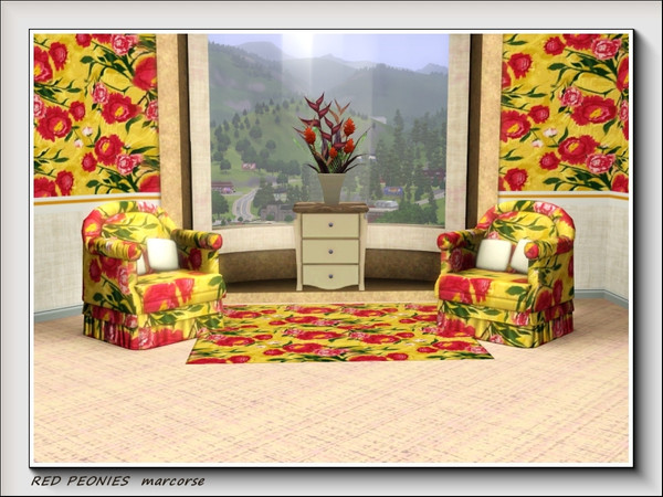 Sims 3 — Red Peonies pattern by marcorse — Bright red - and some smaller pink - peonies in a regular repeat pattern.