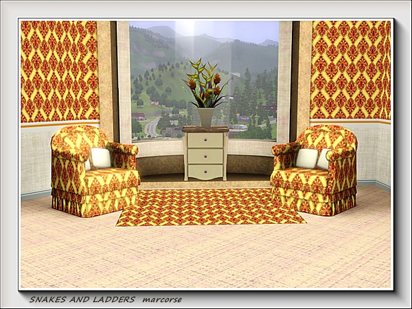 Sims 3 — Snakes and Ladders pattern by marcorse — This dense red and yellow, vertical design brought to mind the old