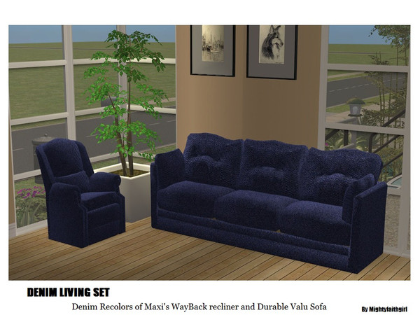 Sims 2 — MFG Denim Living Set  by mightyfaithgirl — This cheapy set includes Denim recolors of Maxi\'s Durable Valu Sofa
