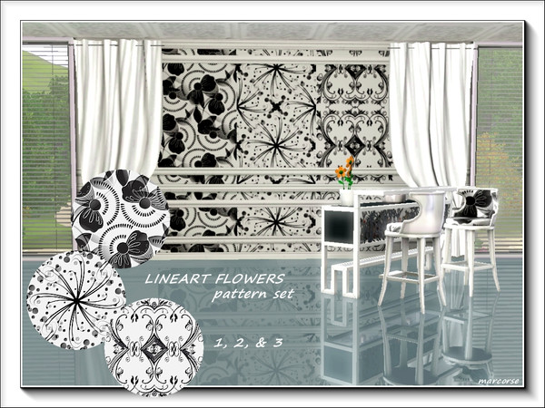 Sims 3 — Lineart Flowers pattern set by marcorse — A small set of 3 monochrome patterns featuring lineart floral motifs
