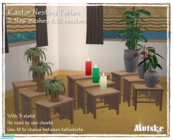Sims 2 — Kastor Nesting Tables by Mutske — Set of 3 new meshes and 12 recolors. With 3 slots. Use M to chance between the