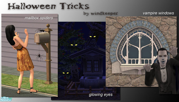 Sims 2 — Halloween Tricks by Windkeeper — Set includes decorative mailbox spiders, spooky glowing eyes, and vampire