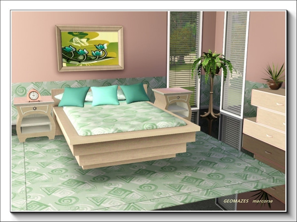 Sims 3 — Geomazes pattern by marcorse — Another 'quiet' design featuring open, maze doodles in green on a white ground.