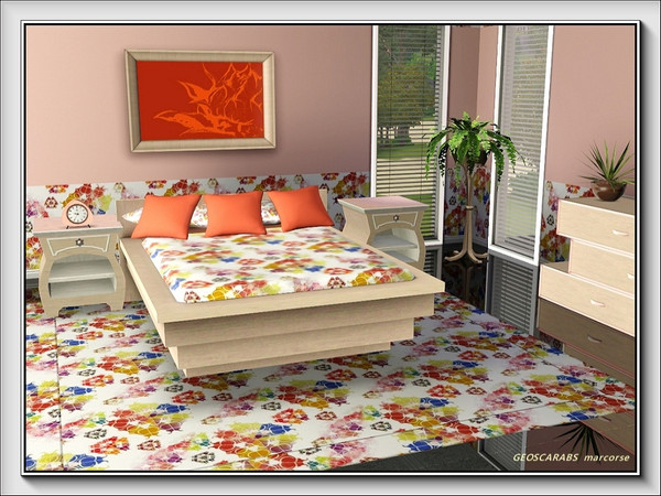 Sims 3 — Geoscarabs pattern by marcorse — Random sized groupings of geometric scarab shapes in red, citrus green and blue