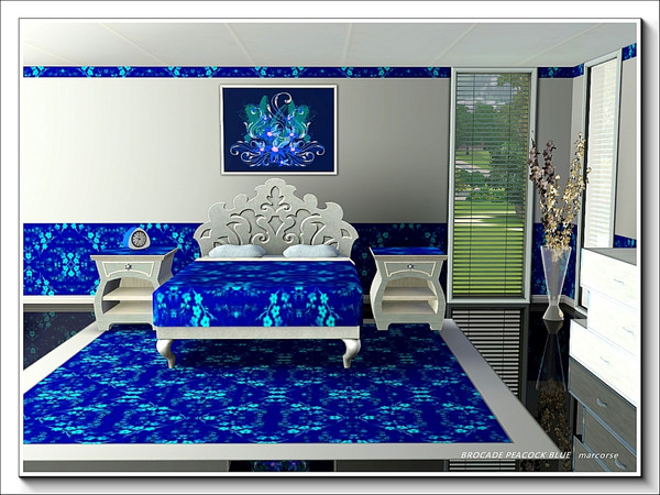 Sims 3 — Brocade Peacock Blue pattern by marcorse — A striking, brocaded fabric pattern in aqua on deep peacock blue.