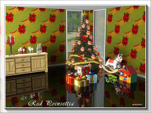 Sims 3 — Red Poinsettia pattern by marcorse — Single red poinsettia flowers, red ribbons and starry sprinkles in a