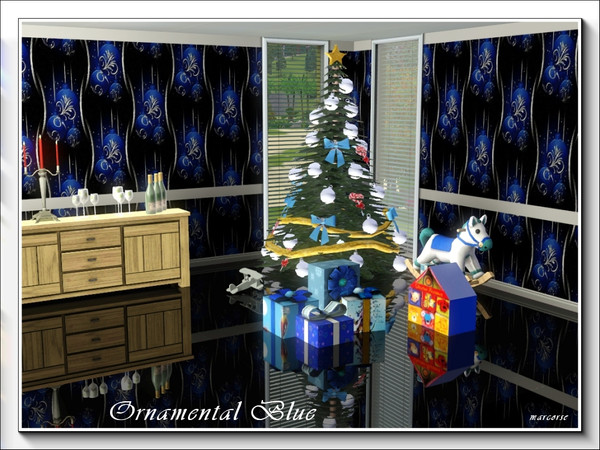 Sims 3 — Ornamental Blue pattern by marcorse — Embossed blue Christmas tree ornaments in a regular vertical repeat