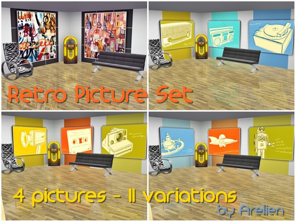 Sims 3 — Retro Picture Set by Arelien — Set of 4 pictures, with 11 variations. Retro modern theme.