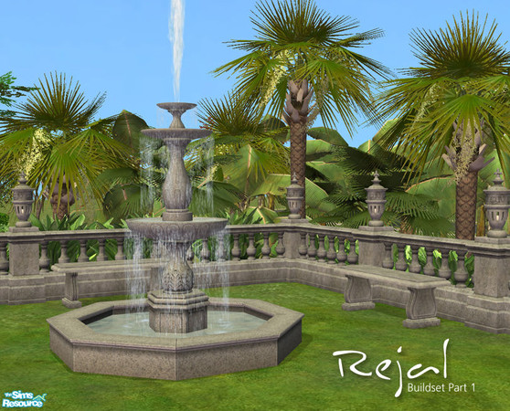 Sims 2 — Rejal Part 1 - Garden by Murano — Part 1 contains fountain (OfB), fence, bench and lamp.