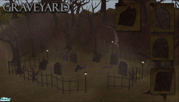 Sims 2 — Graveyard Set by sim_man123 — 4 Tombstones, 3 plants, Dirt mount, and a fence to make graveyards or decorate for