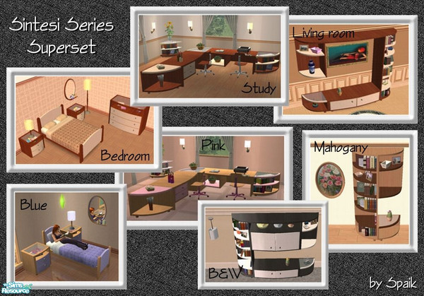 Sims 2 — Sintesi Superset by Spaik — The Sintesi Bedroom, Living room and Study, and the four recolours for all of them,