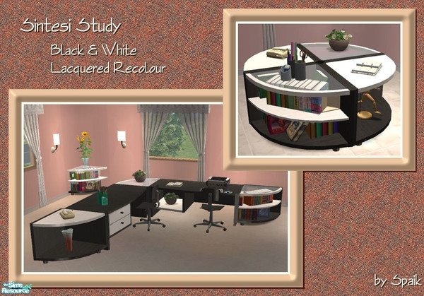Sims 2 — Sintesi Study REC3 B&W by Spaik — Recolour in black and white lacquered wood of my Sintesi Study. Matches