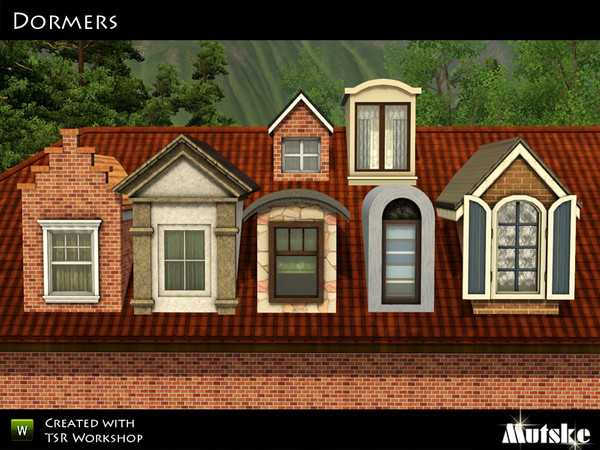 Sims 3 — Dormers by Mutske — This set has several dormers you can use on the roof to decorate it. They are in the roof