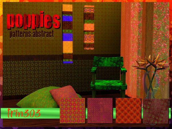 Sims 3 — Poppies by trin3032 — Set:Poppies. 4 patterns. 3 recolorable channels. Abstract poppies on worn fabric.