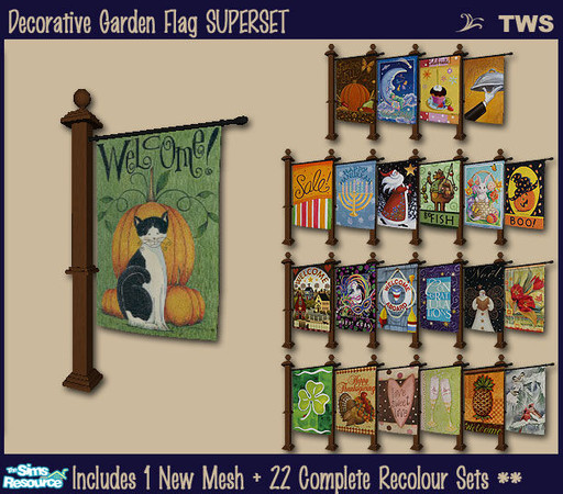 Sims 2 — Decorative Garden Flag Superset by wildstar24 — Includes decorative garden flag mesh, 8 post colours and 22 flag