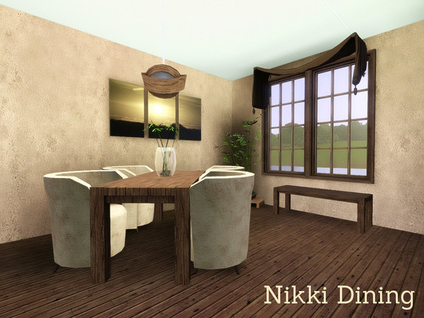 Sims 3 — Nikki's Dining by Angela — Nikki's dining, 6 new meshes. Set contains: Table, Chair, Bench, Vase with bamboo,