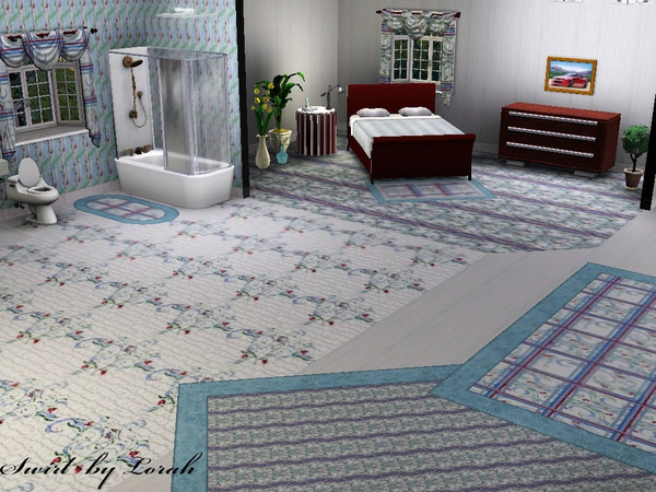 Sims 3 — Swirl by Lorah — Done in multiple blues, green, white, and a touch of red. This unusual abstract set of flowers