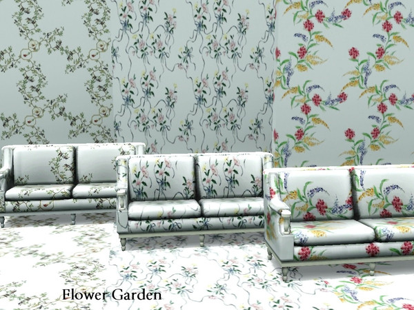 Sims 3 — Flower Garden by Lorah — Delicate patterns of garden flowers on white; Pretty for any home.