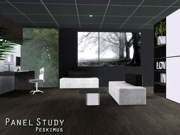 Sims 3 — Panel Study by peskimus — Panel Study is a modern set for the minimalist Sim. It features: - Desk - Chair - Wall