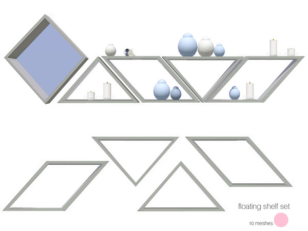 Sims 3 — Floating Shelf Set by DOT — Floating Shelf Set. 4 Modern Shelves and 1 Mirror, plus decor Jars, that can be