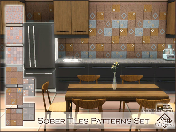 Sims 3 — Sober Tiles Set by Devirose — Eight recolorable patterns, in three levels of recolor,ideal for kitchens and
