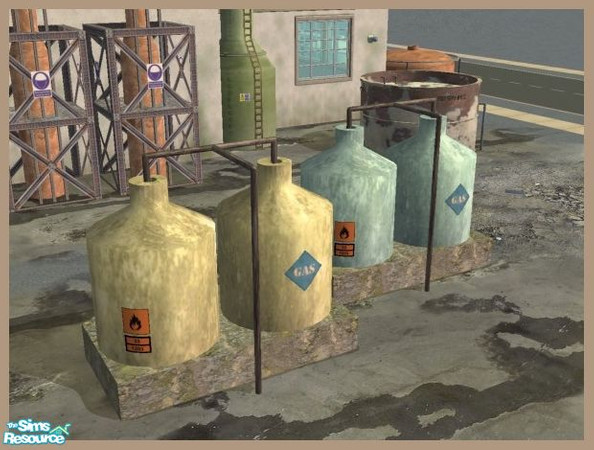 Sims 2 — Twin Concrete-mounted Chemical Tanks by Cyclonesue — An industrial decorative item in two colours (found under