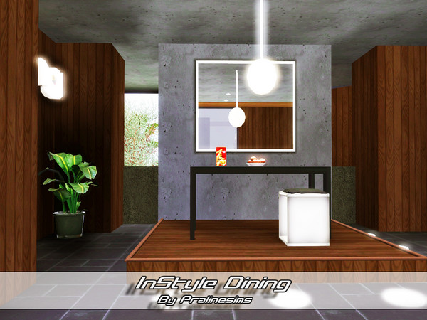 Sims 3 — InStyle Dining by Pralinesims — Set including: -2 Rugs -Mirror -Wall lamp -Ceiling lamp -Painting -Chair -Table