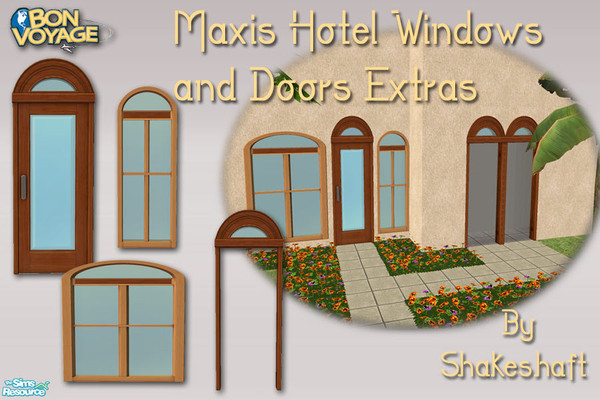 Sims 2 — Maxis Hotel Windows & Doors Extras by Shakeshaft — A set of windows and doors to match the Bon Voyage Hotel