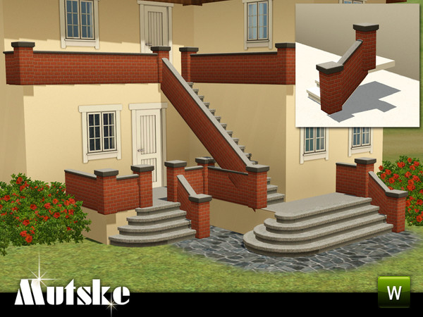Sims 3 — Matching Railing Brick Wall Suite II by Mutske — Matching Railing for the EA Fences. 2 Recolorable parts. Made