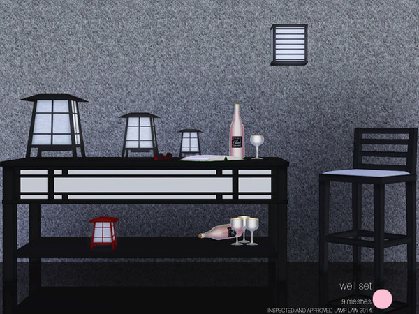 Sims 3 — Well Set by DOT — Well Set. Contemporary Black sideboard with an Asian feel. 2 matching bar stools, 4 Wood or