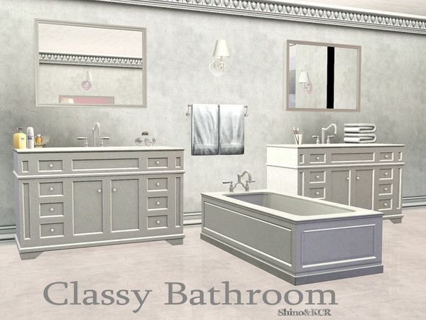 Sims 3 — Bathroom Classy by ShinoKCR — Classic Bathroom in white, black and wood - Bathtub - Shower Glass recolorable