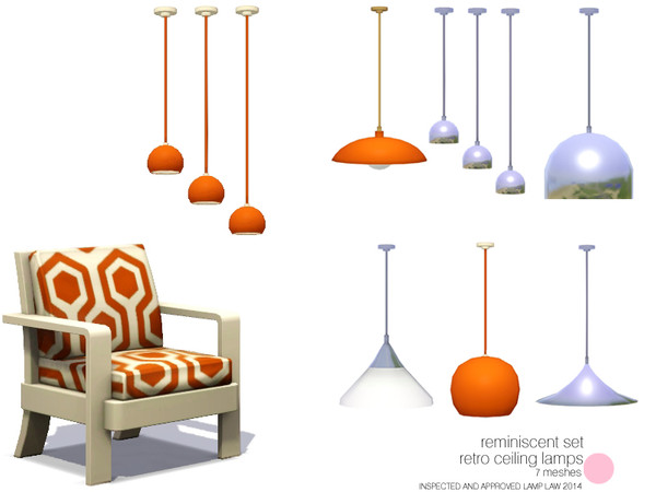 Sims 3 — Reminiscent Set by DOT — Reminiscent Set. 7 Retro Ceiling Lamps of Metal and Glass. Space Age, Chrome, Painted,