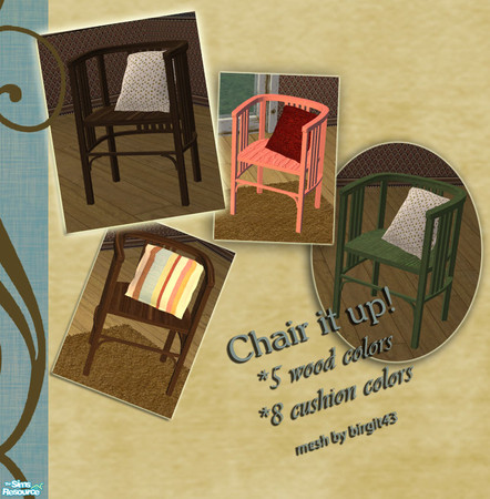 Sims 2 — Chair it up! by Sophel21 — recolors of the hall chair with cushion mesh from birgit43 - set includes 5 wood