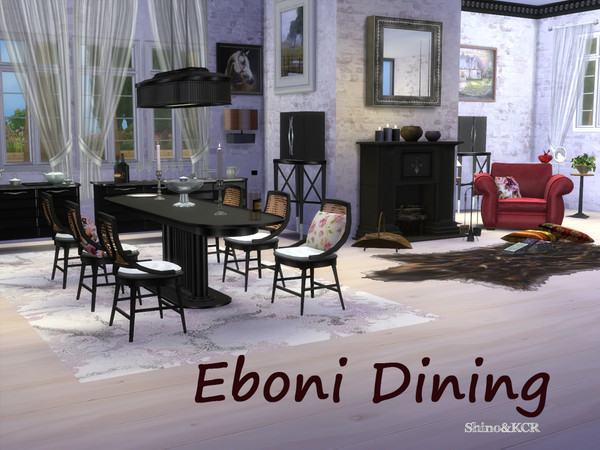 Sims 4 — Dining Eboni by ShinoKCR — a Dining made with shiny Eboni wood. Some Parts like the Mirror and Bar looks aged