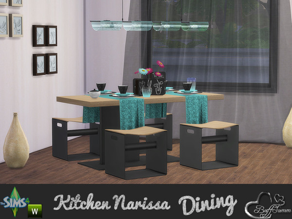 Sims 4 — Dining Narissa by BuffSumm — 'Happy Meal' with a colorful tableware and clean designed table and chairs. A soft