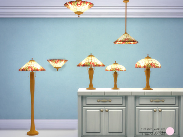 Sims 4 — Tiffany Lamp Set by DOT — Tiffany Lamp Set. Classic and Traditional Tiffany Lamps, 8 Colored Shades with Gold