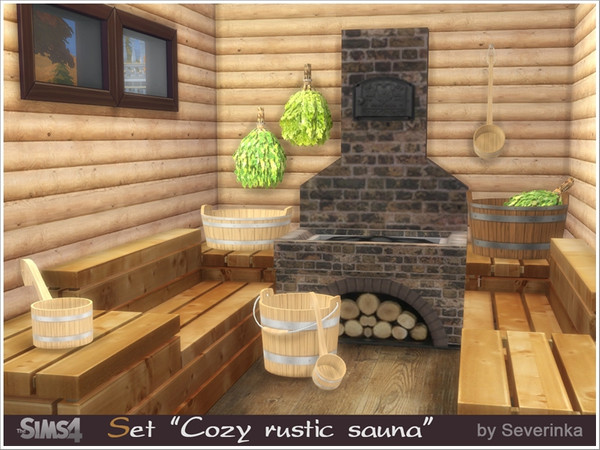 Sims 4 — Cozy rustic sauna by Severinka_ — Set for a sauna in a rustic style. For interior decoration rustic cabins,