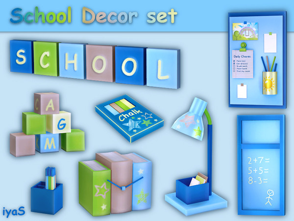Sims 4 — School Decor set by soloriya — Colorful classroom decorations and school supplies for teachers and students will