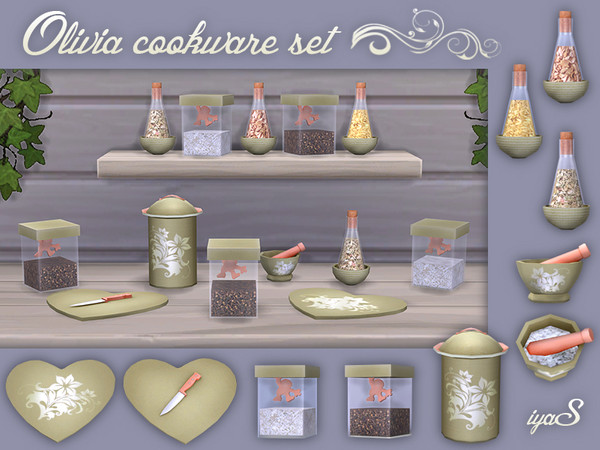 Sims 4 — Olivia Cookware set by soloriya — Cook your food in style with this 9-piece kitchen set. This set has durable