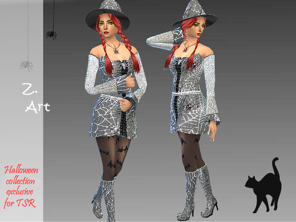Sims 4 — Cobweb Set by Zuckerschnute20 — Halloween collection: Silver shiny costume with matching boots and hat.
