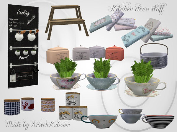 Sims 4 — Kitchen Deco Stuff by ArwenKaboom — Set contains 12 items: Chalkboard with three poles made to fit it, cups,