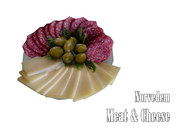 Sims 4 — Norvedem Meat and Cheese by Kiolometro — Set for outdoor feasts and home gatherings. Lots of snacks and pleasant