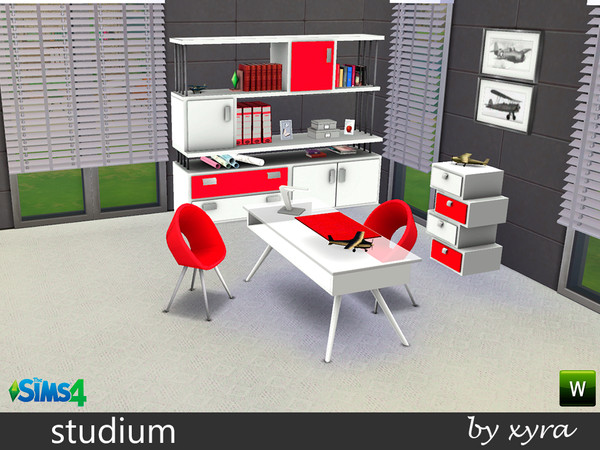 Sims 4 — xyra Studium set by xyra332 — bookcase, desk, chair, side table with drawers, paintings, decorative elements