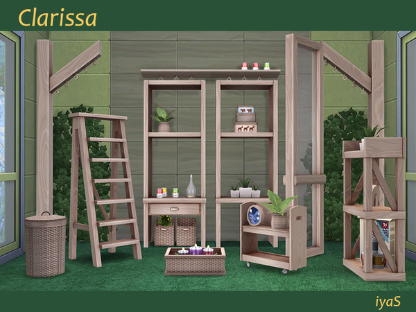 Sims 4 — Clarissa set by soloriya — The set includes 15 objects: 3 storages with slots for decor, cart wit slots for