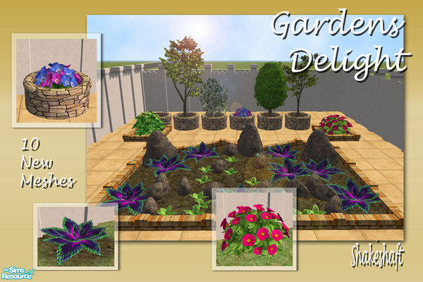 Sims 2 — Gardens Delight by Shakeshaft — A New 10 Mesh Set including Round Stone Planters, Live Flowering Shrubs and