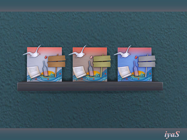 Sims 4 — Sea Frame by soloriya — Sea frame with seagull, signs and glass bottle. 3 color variations. Part of Beach Mood