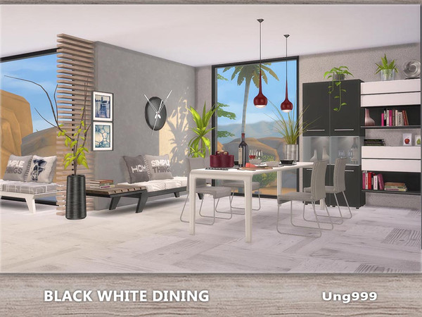 Sims 4 — Black White Dining  by ung999 — 15 items in this modern dining set, they are: Dining Table Dining Chair Bench