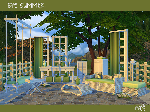 Sims 4 — Bye Summer by soloriya — Outdoor set, includes 18 objects: two cabinets with pillows, coffee table, divider and