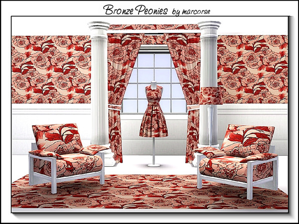 Sims 3 — Bronze Peonies_marcorse by marcorse — Fabric pattern: red/ bronze single peonies and foliage on lighter ground.