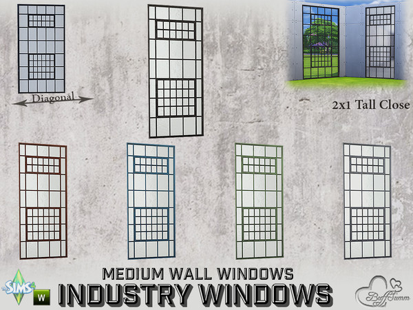 Sims 4 — Industry Windows Medium Wall 2x1 Tall Close by BuffSumm — Part of the *Build Industry Set* Created by BuffSumm @